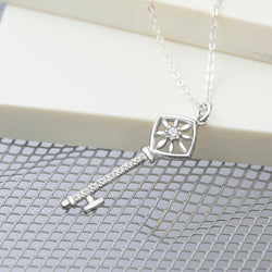 Square Compass Key Necklace Silver Pendant Necklace