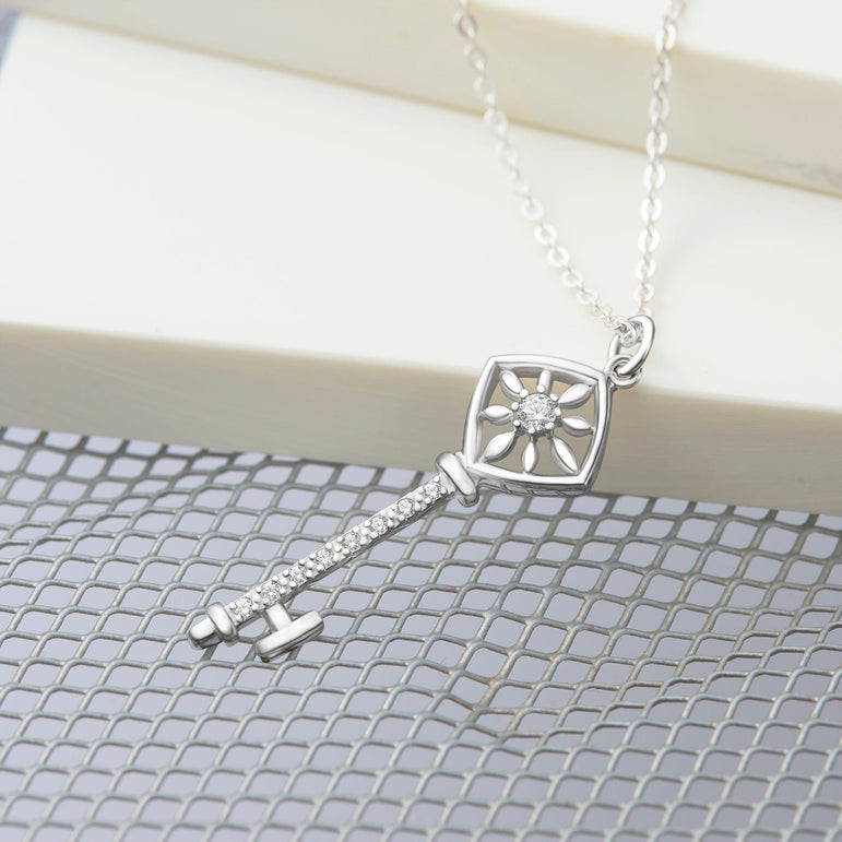 Square Compass Key Necklace Silver Pendant Necklace