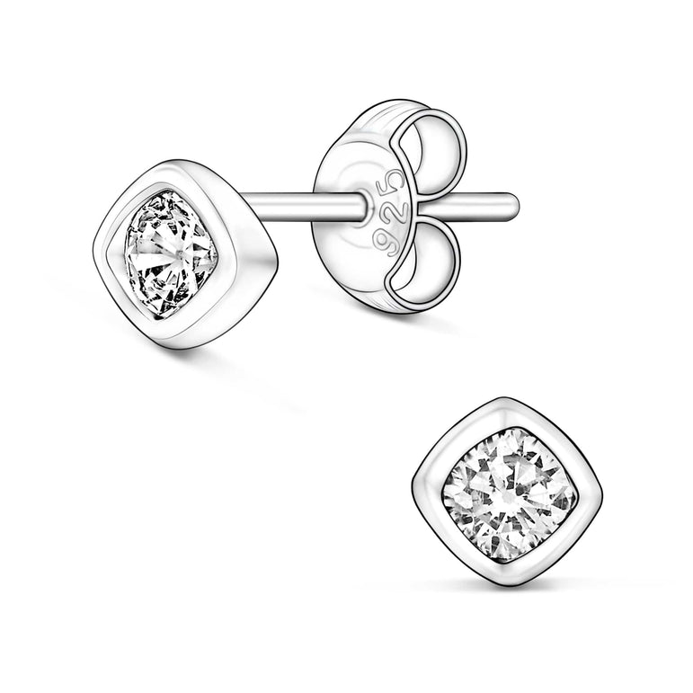 CZ Geometric Square Stud Earrings Sterling Silver Stud Earrings