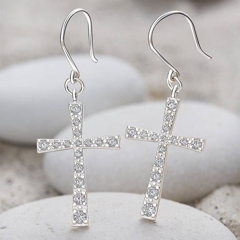 CZ Dangle Hook Cross Earrings Sterling Silver Drop Earrings
