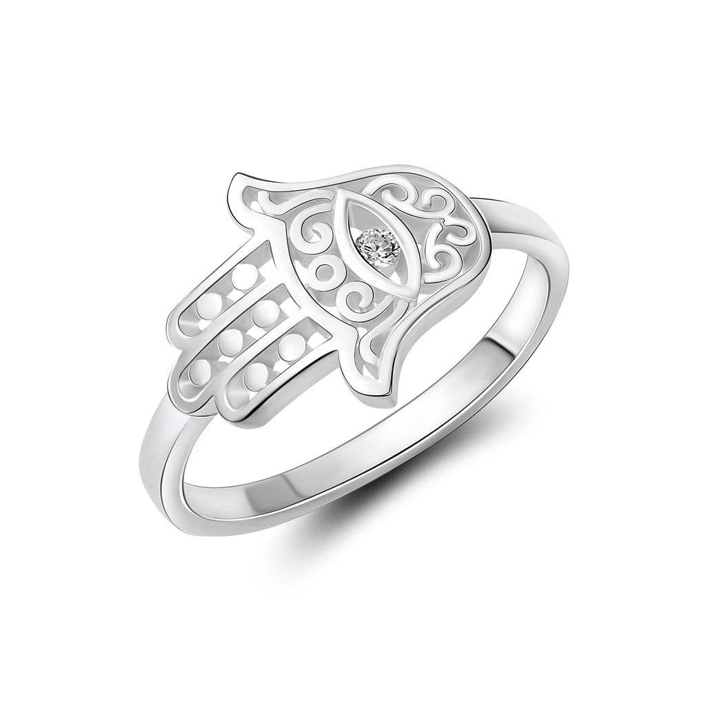 Hamsa Hand Of God Ring - 925 Sterling Silver With White CZ Filigree Design (Sizes 4-10)