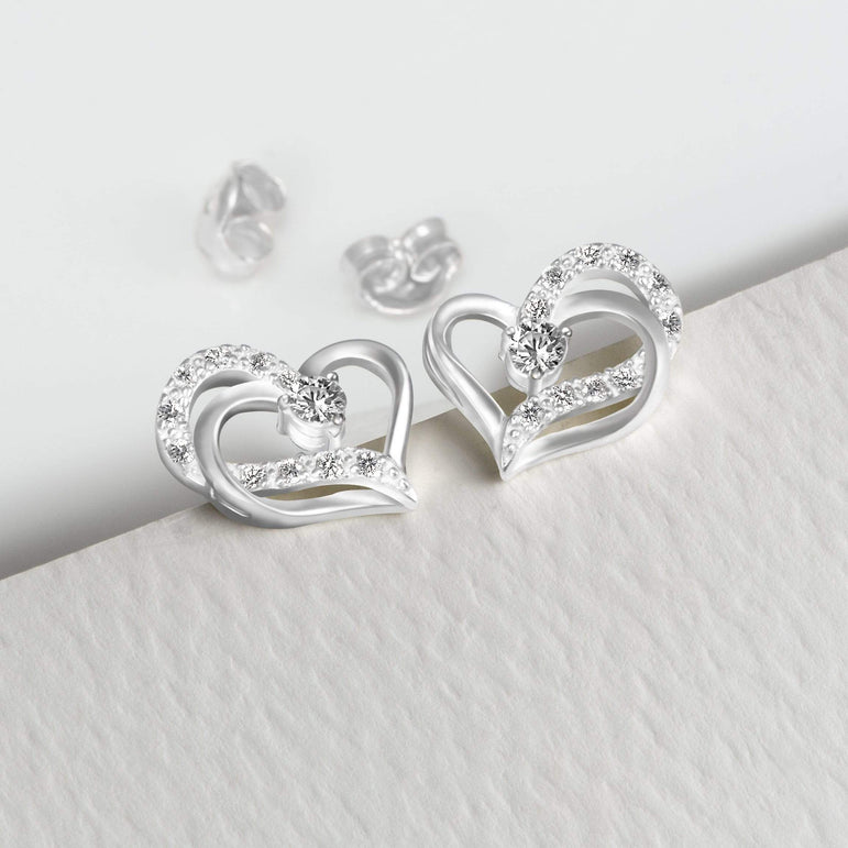 Eternity Double Heart Stud Earrings Sterling Silver Stud Earrings