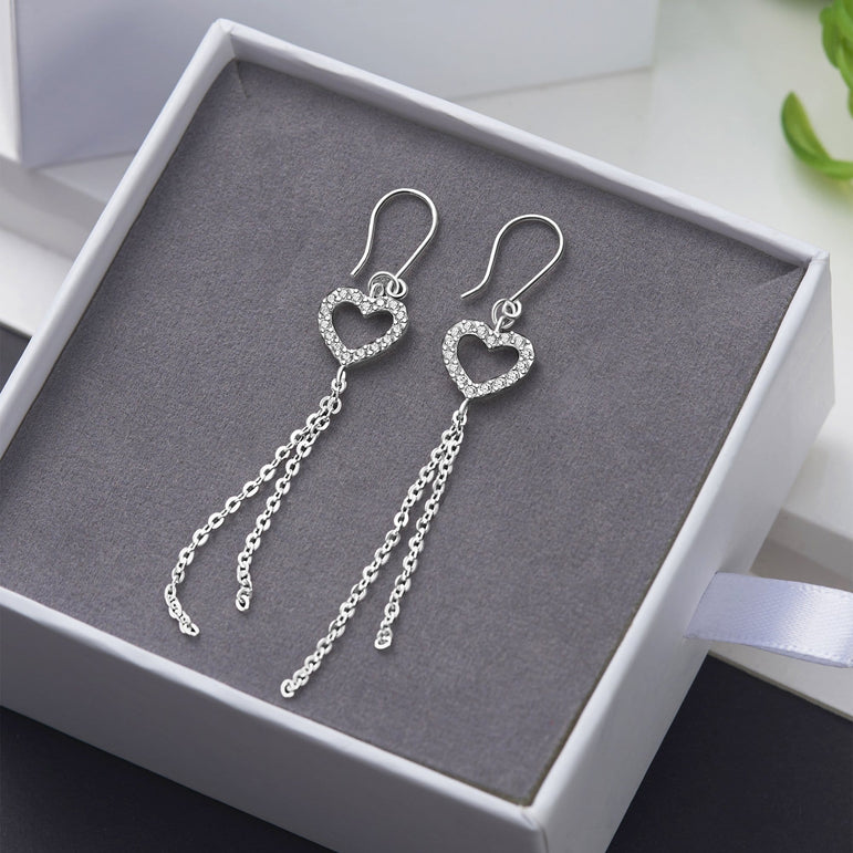 CZ Open Heart Earrings Dangle Sterling Silver Drop Earrings