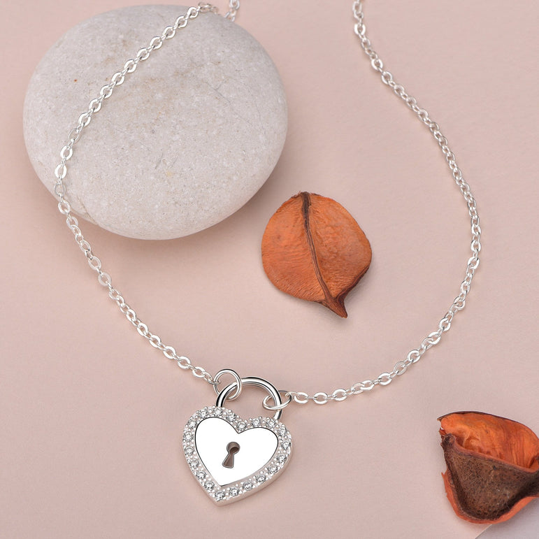 Sterling Silver Heart Lock Necklace with CZ Pendant Necklace