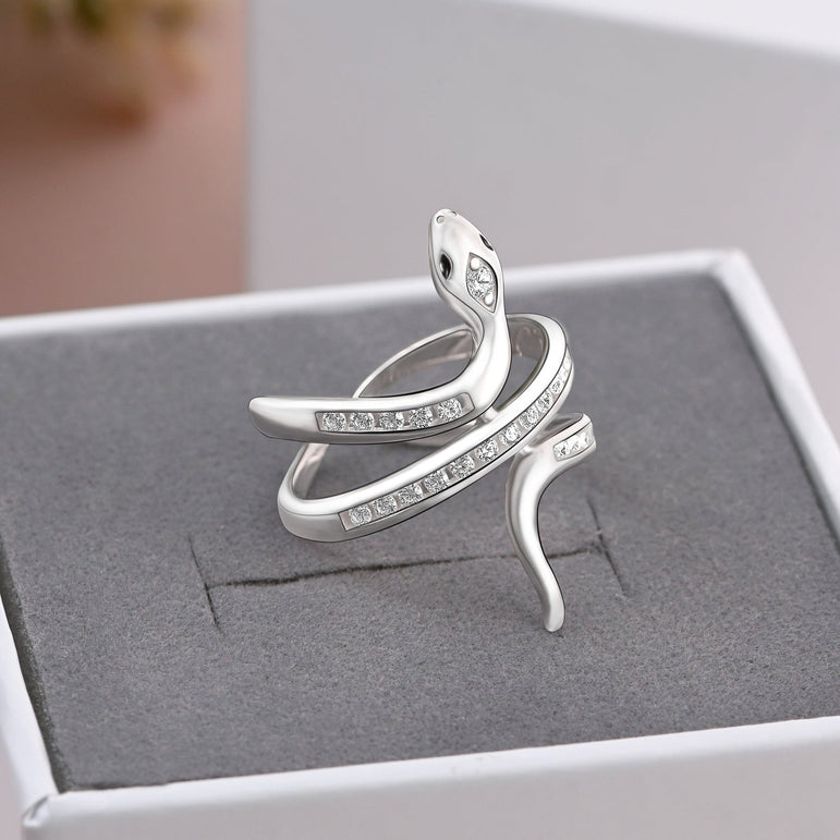White CZ Coiling Snake Ring Silver Adjustable Ring