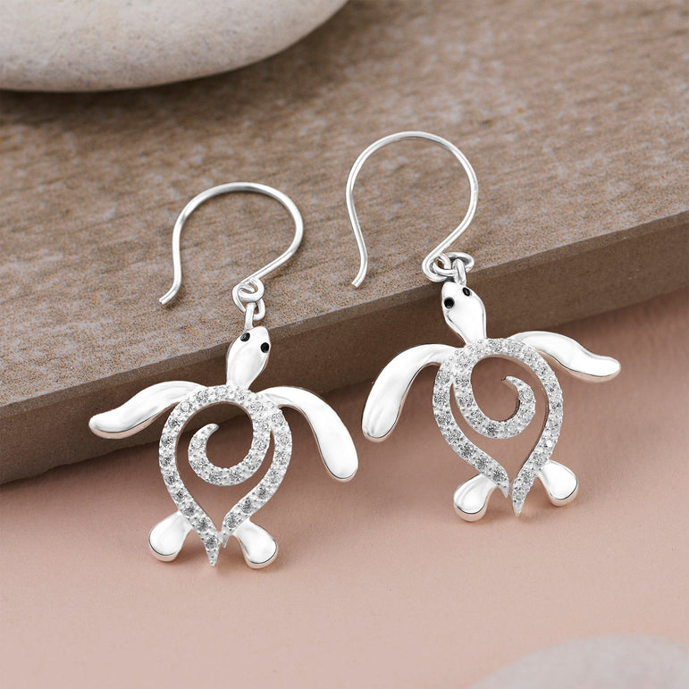 CZ Spiral Shell Turtle Dangling Earrings Silver Drop Earrings