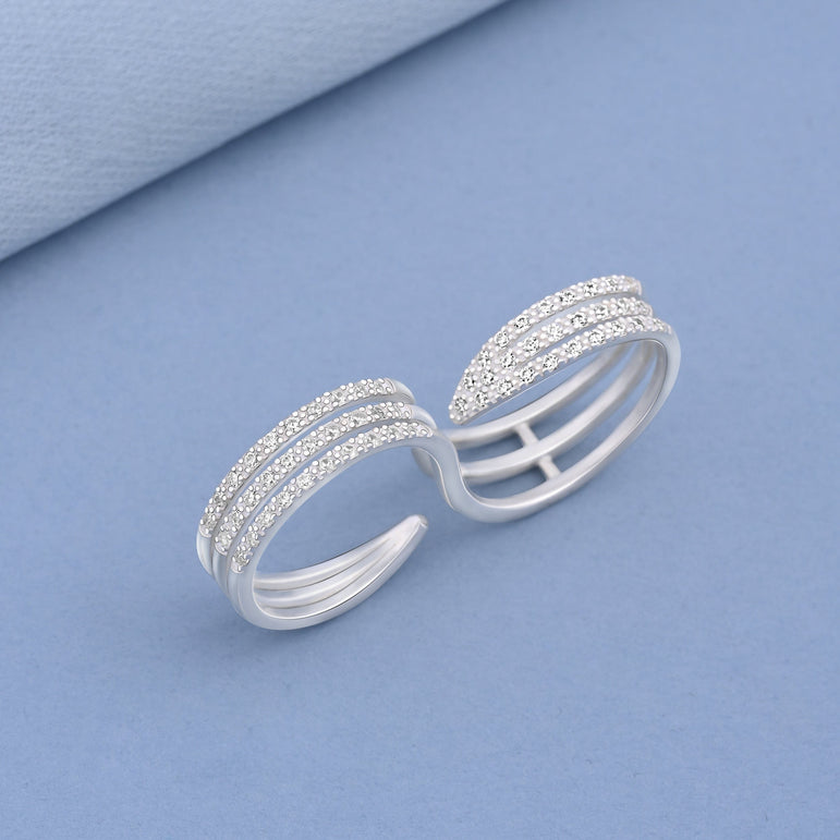 CZ Triple Line Two Finger Ring Silver Adjustable Adjustable Ring