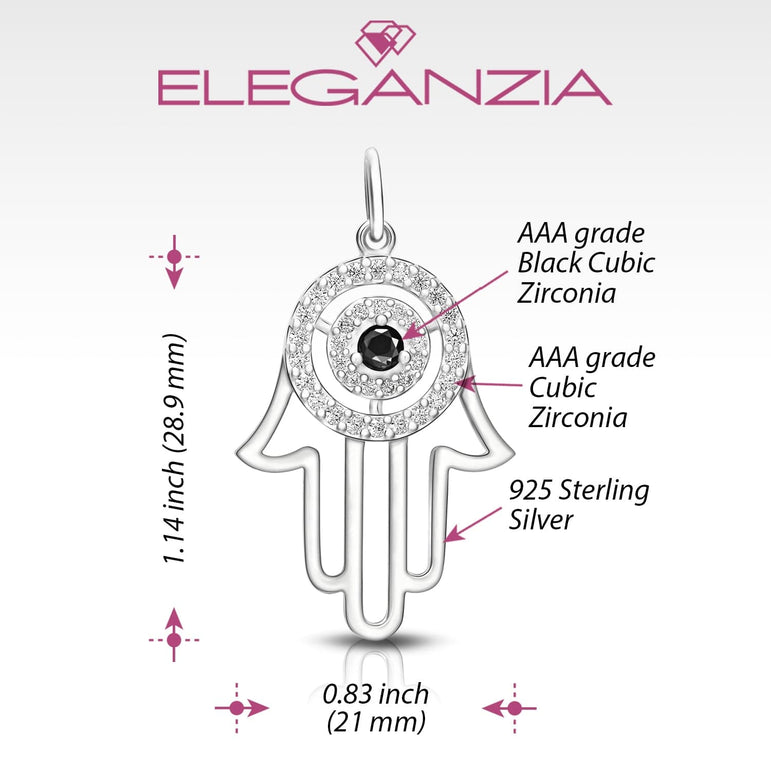 Black CZ Evil Eye Pendant in Sterling Silver Hamsa Hand Pendant