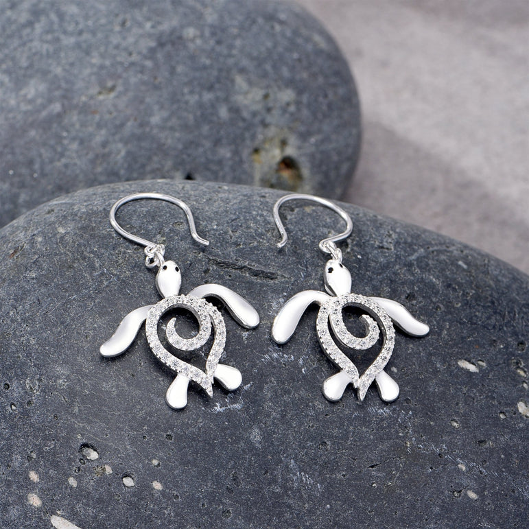 CZ Spiral Shell Turtle Dangling Earrings Silver Drop Earrings
