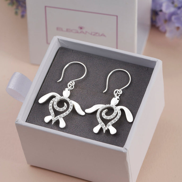 CZ Spiral Shell Turtle Dangling Earrings Silver Drop Earrings