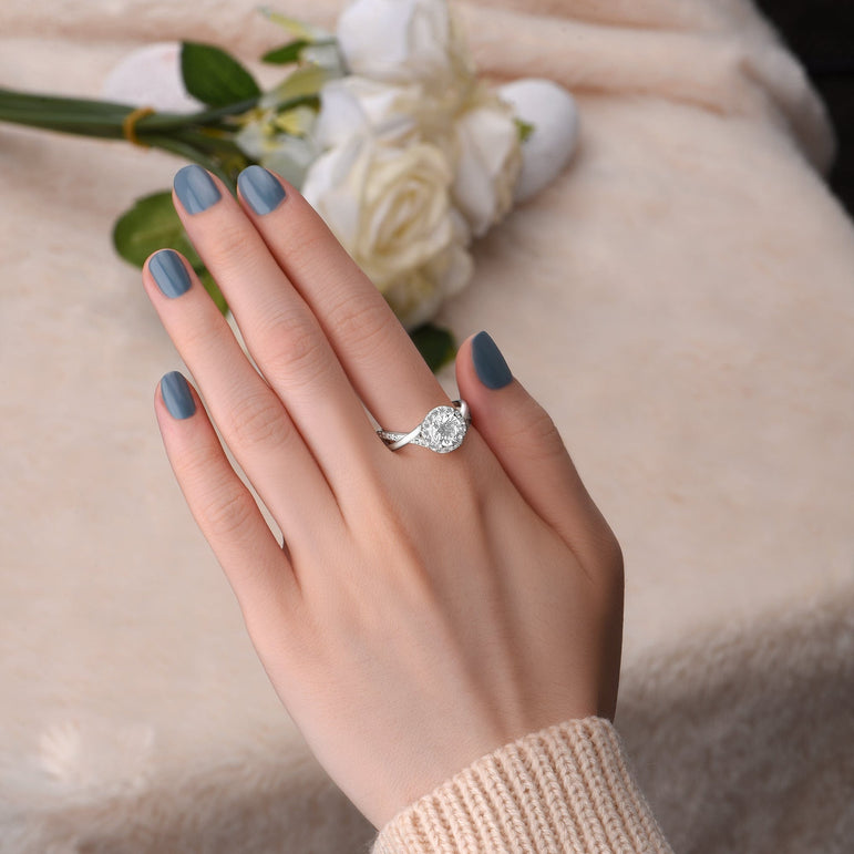Infinity Twist CZ Halo Engagement Ring Silver Promise Ring