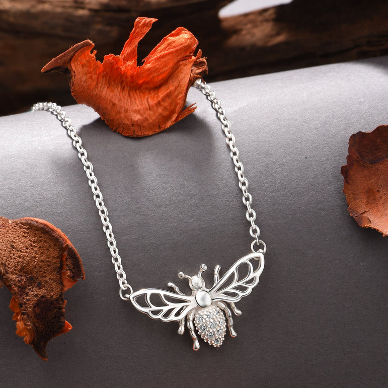 CZ Queen Honey Bee Necklace Sterling Silver Pendant Necklace
