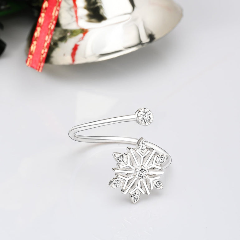 Frozen Winter CZ Snowflake Silver Ring Adjustable Ring