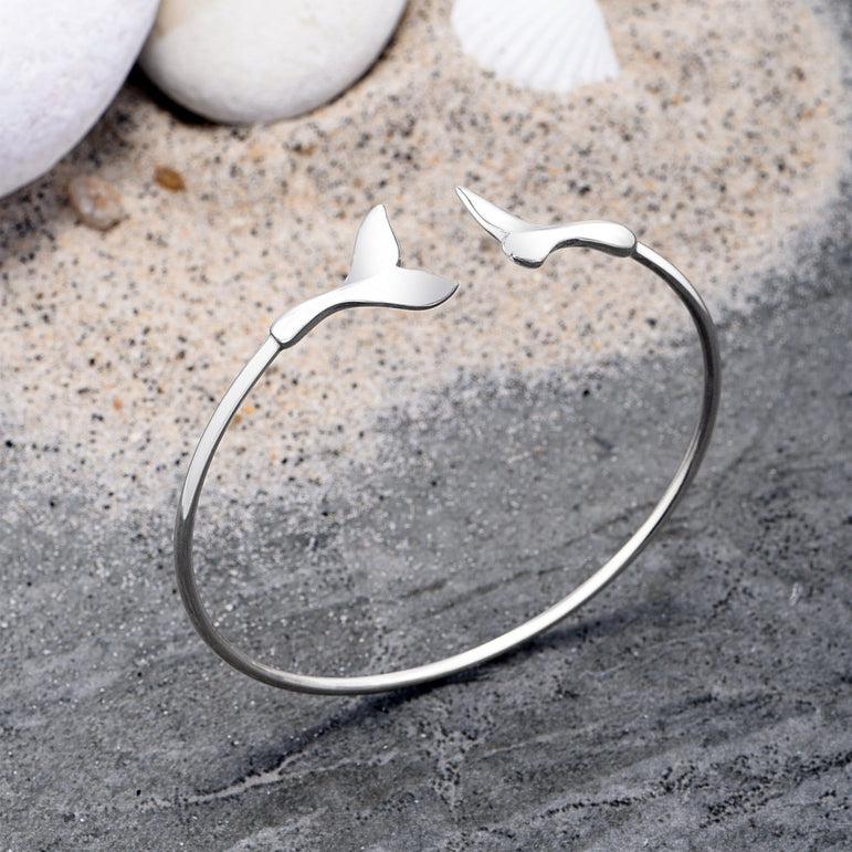 Whale Tail Silver Bangle Bracelet Adjustable Bangle