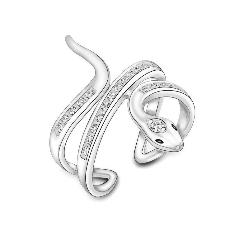White CZ Coiling Snake Ring Silver Adjustable Ring