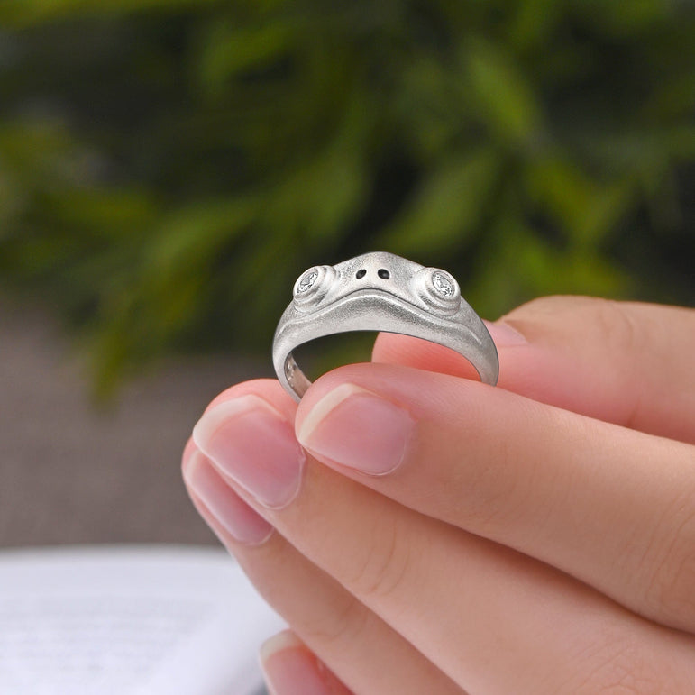 Open White CZ Adjustable Frog Ring Sterling Silver Ring