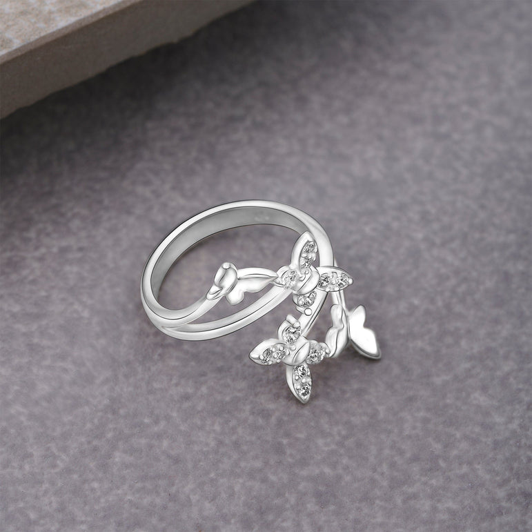 Four Flying Butterfly Ring Silver Adjustable with CZ Adjustable Ring