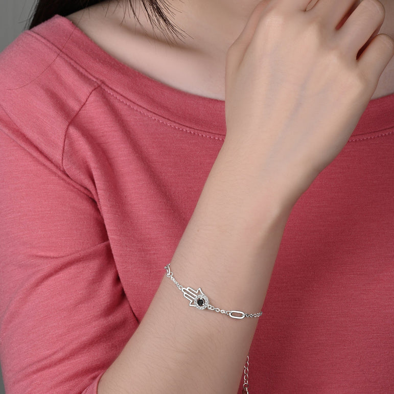 Black CZ Evil Eye Bracelet in Sterling Silver Hamsa Hand Bracelet