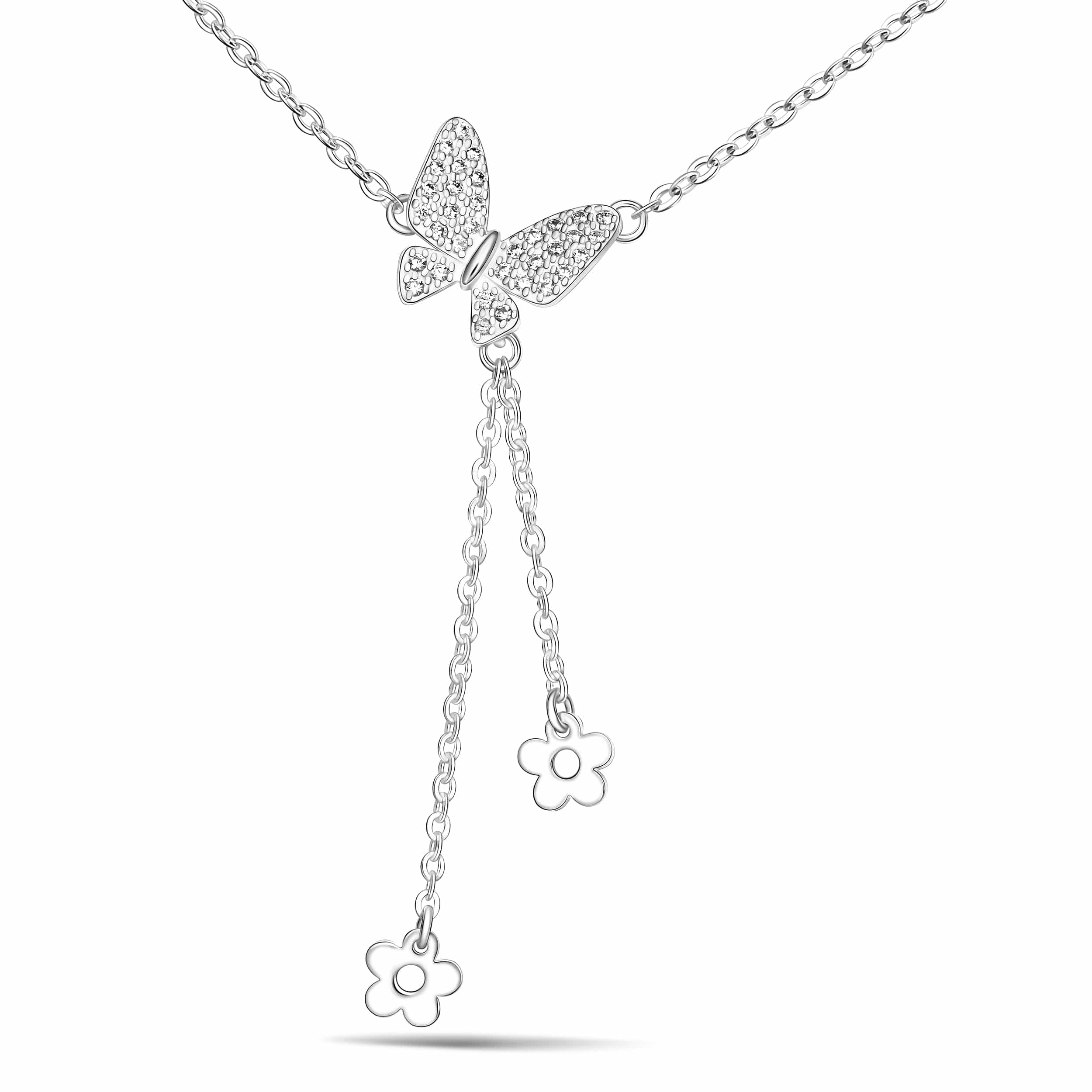 CZ Butterfly and Flower Drop Necklace Sterling Silver