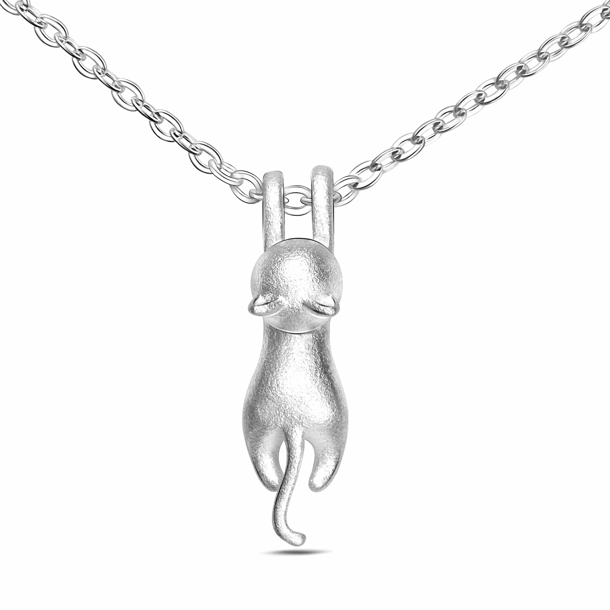 Matte Hanging Cat Pendant Necklace Sterling Silver