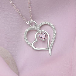 Triple Heart Necklace Sterling Silver with Pink CZ Pendant Necklace