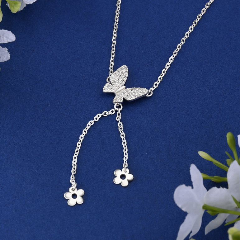 CZ Butterfly and Flower Drop Necklace Sterling Silver Pendant Necklace