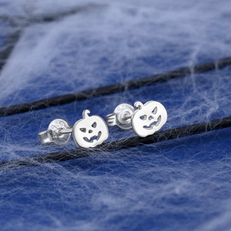 Jack-o-Lantern Pumpkin Stud Earrings Sterling Silver
