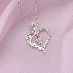 Sterling Silver Rose Heart Necklace with Pink CZ Pendant Necklace