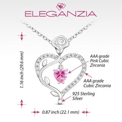Sterling Silver Rose Heart Necklace with Pink CZ Pendant Necklace