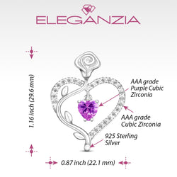 Sterling Silver Rose Heart Pendant with Purple CZ Pendant