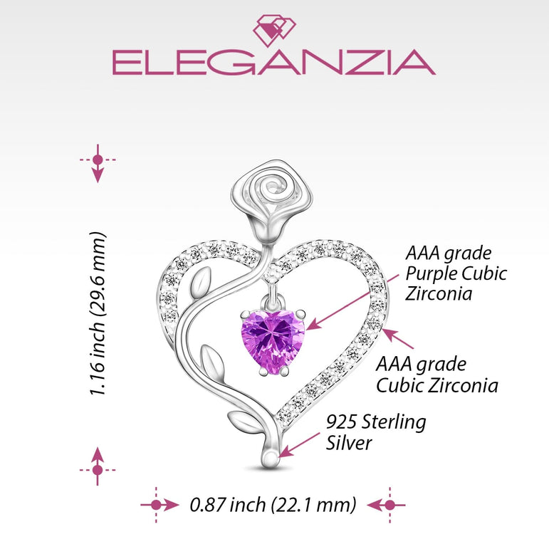 Sterling Silver Rose Heart Pendant with Purple CZ Pendant