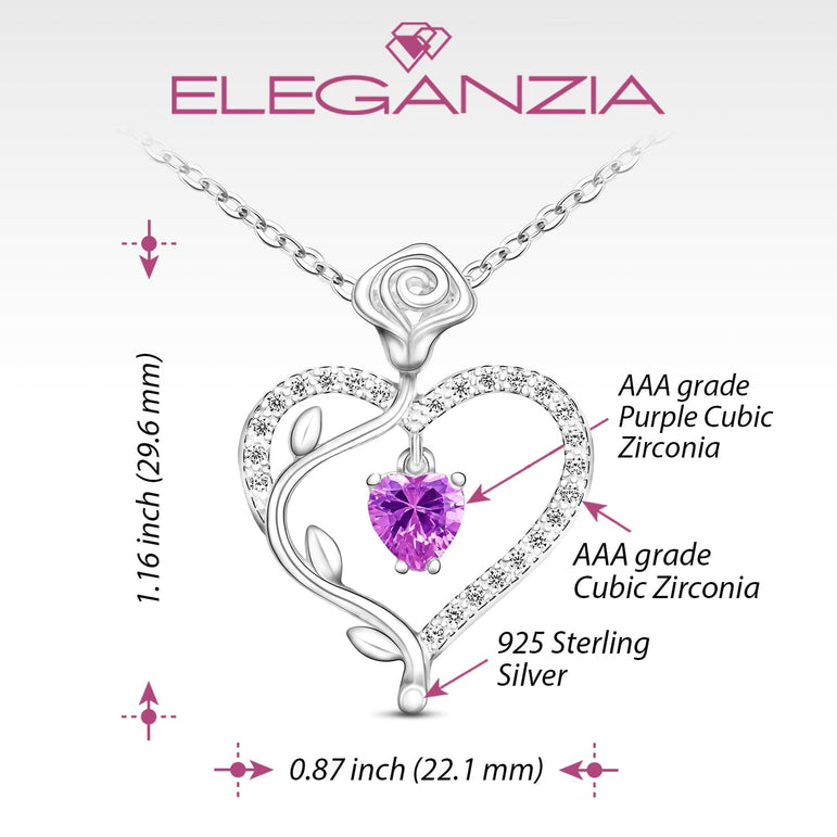 Sterling Silver Rose Heart Necklace with Purple CZ