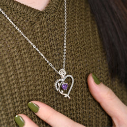 Sterling Silver Rose Heart Necklace with Purple CZ Pendant Necklace