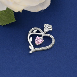 Sterling Silver Rose Heart Pendant with Pink CZ Pendant