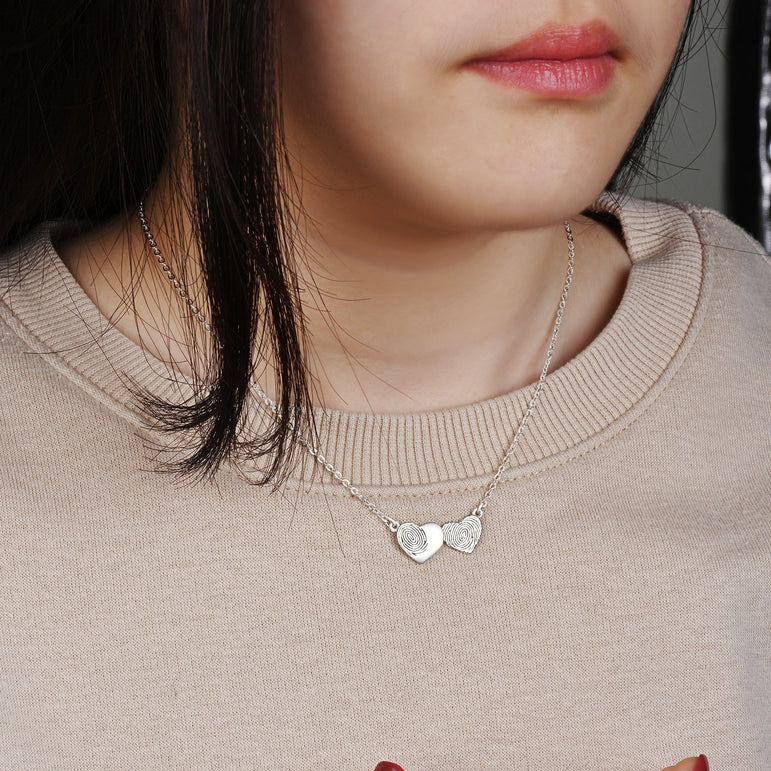 Double Heart Fingerprint Necklace Sterling Silver Pendant Necklace
