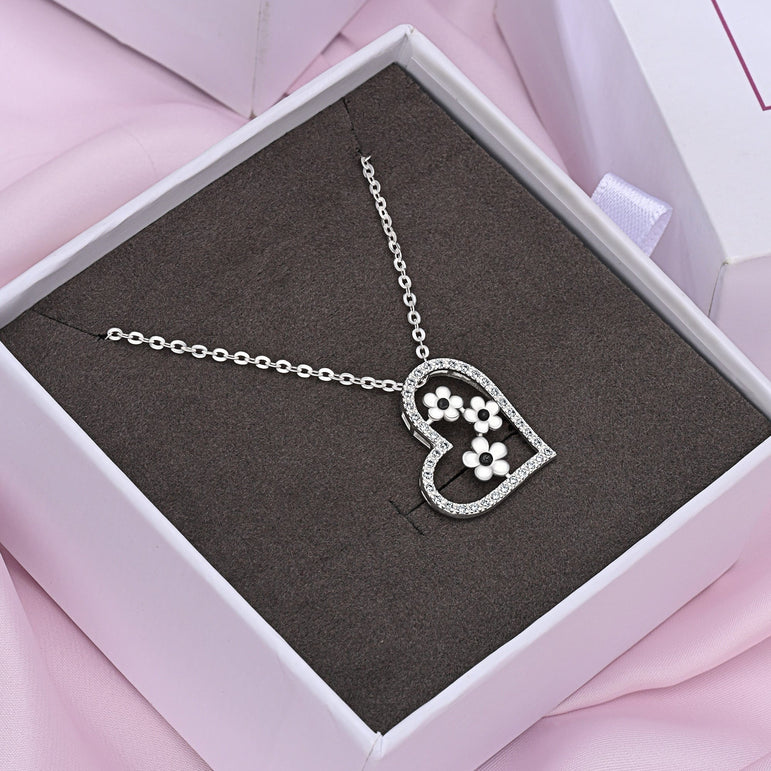 CZ Open Heart Flower Necklace Sterling Silver Pendant Necklace