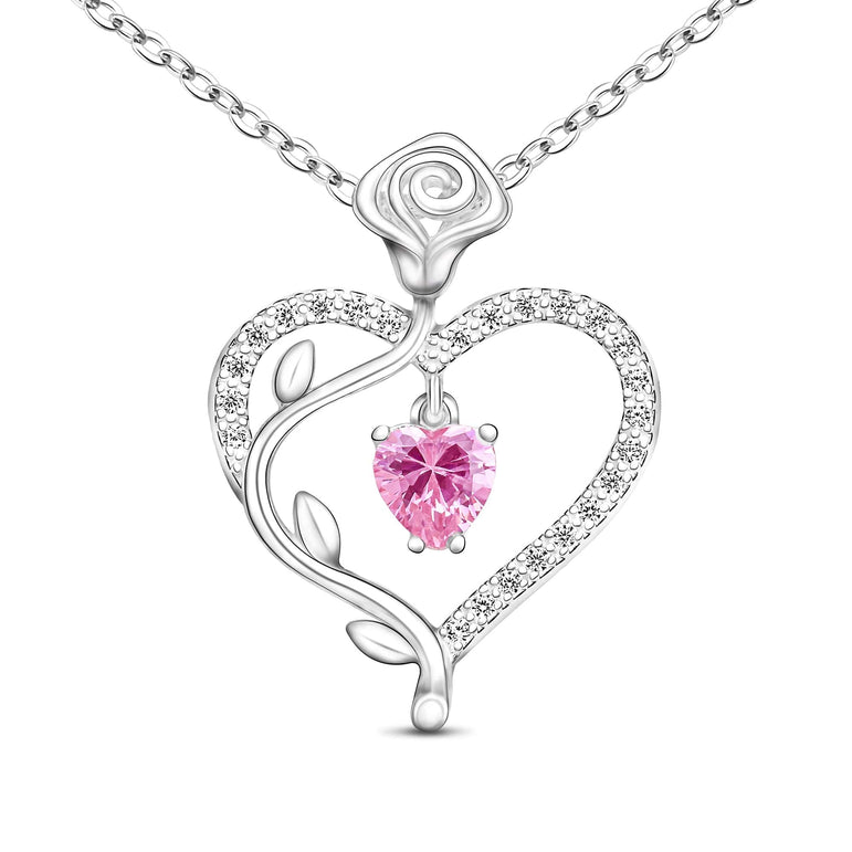 Sterling Silver Rose Heart Necklace with Pink CZ Pendant Necklace