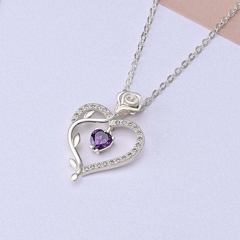 Sterling Silver Rose Heart Necklace with Purple CZ Pendant Necklace