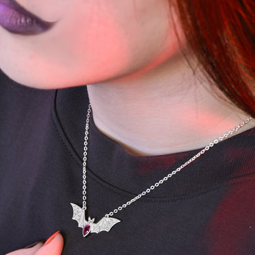 Red CZ Vampire Bat Necklace Sterling Silver Pendant Necklace