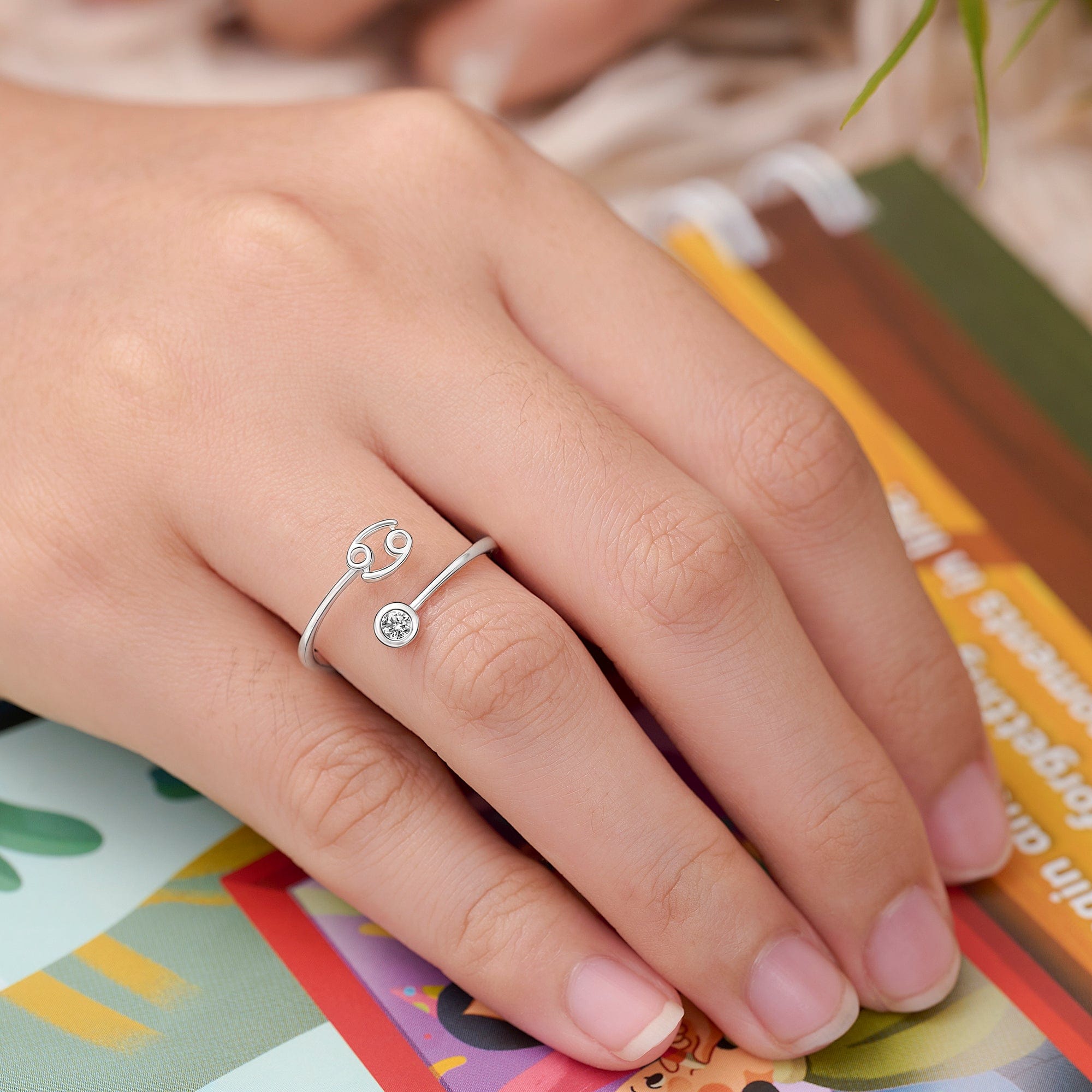 Cancer Ring Silver Adjustable Zodiac Sign Ring - Eleganzia Jewelry