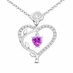Sterling Silver Rose Heart Necklace with Purple CZ