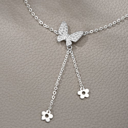 CZ Butterfly and Flower Drop Necklace Sterling Silver Pendant Necklace