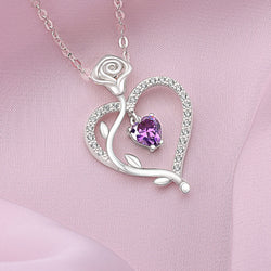 Sterling Silver Rose Heart Necklace with Purple CZ Pendant Necklace