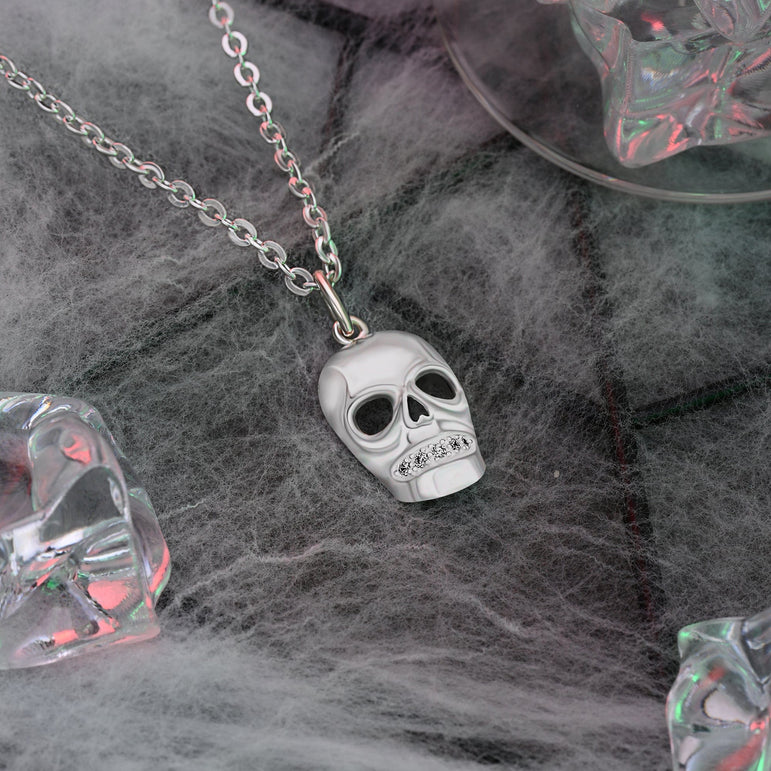 CZ Spooky Skull Necklace Sterling Silver Pendant Necklace
