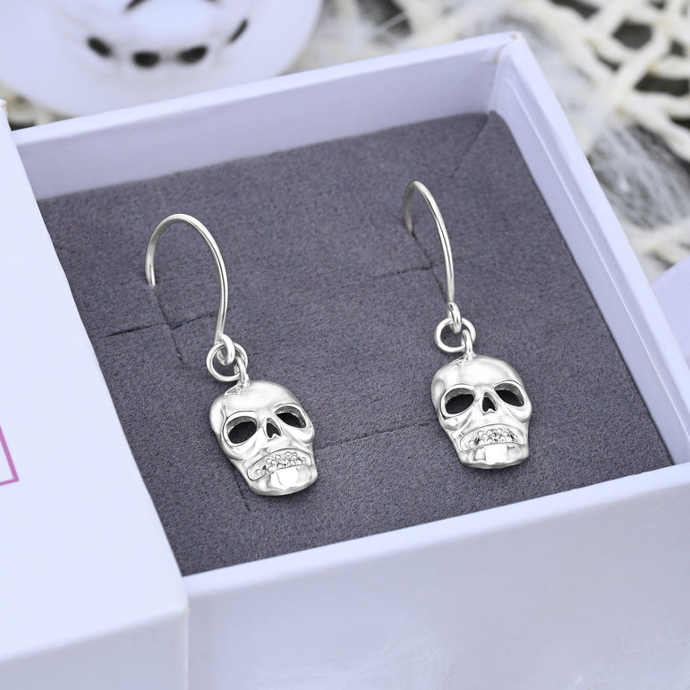 Sterling Silver Tiny Skull Drop Earrings – Gothic Dangle Earrings With Hook Closure, Lightweight & Unique