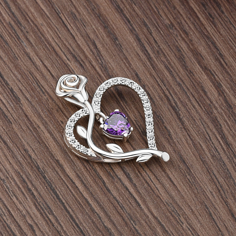 Sterling Silver Rose Heart Pendant with Purple CZ Pendant