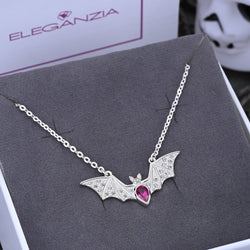 Red CZ Vampire Bat Necklace Sterling Silver Pendant Necklace