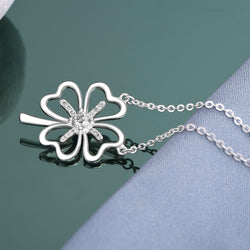 Four Leaf Clover Necklace Silver CZ Clover Lucky Charm Pendant Necklace