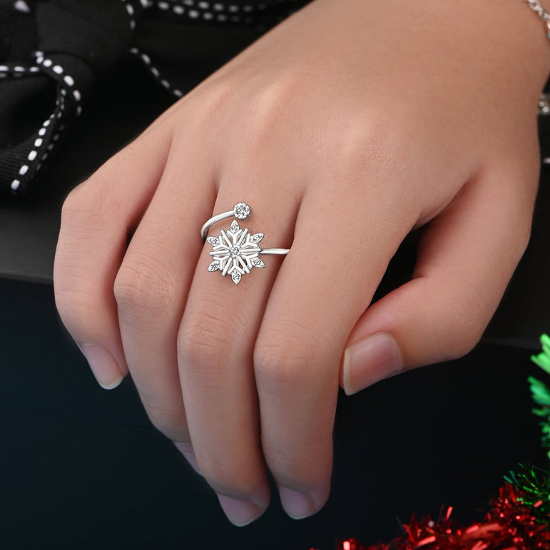 Frozen Winter CZ Snowflake Silver Ring Adjustable Ring