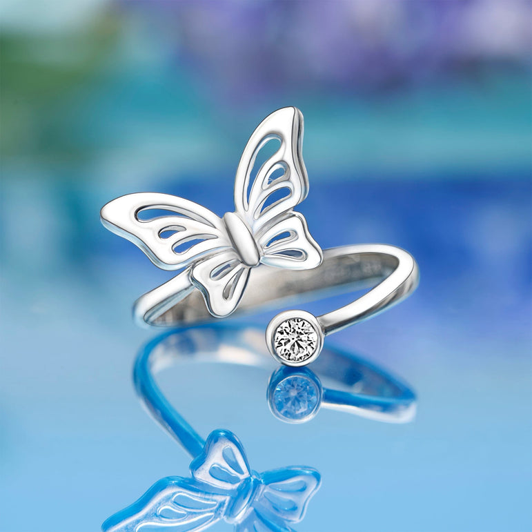 Simple Butterfly Ring Silver CZ Open Bypass Ring Adjustable Adjustable Ring
